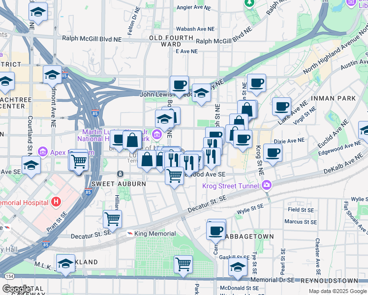 map of restaurants, bars, coffee shops, grocery stores, and more near 69 Hogue Street Northeast in Atlanta
