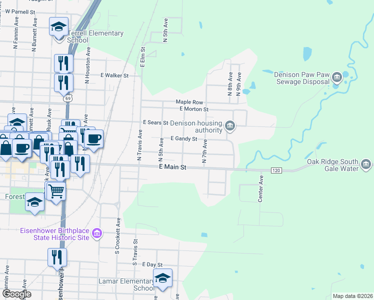map of restaurants, bars, coffee shops, grocery stores, and more near 605 East Woodard Street in Denison