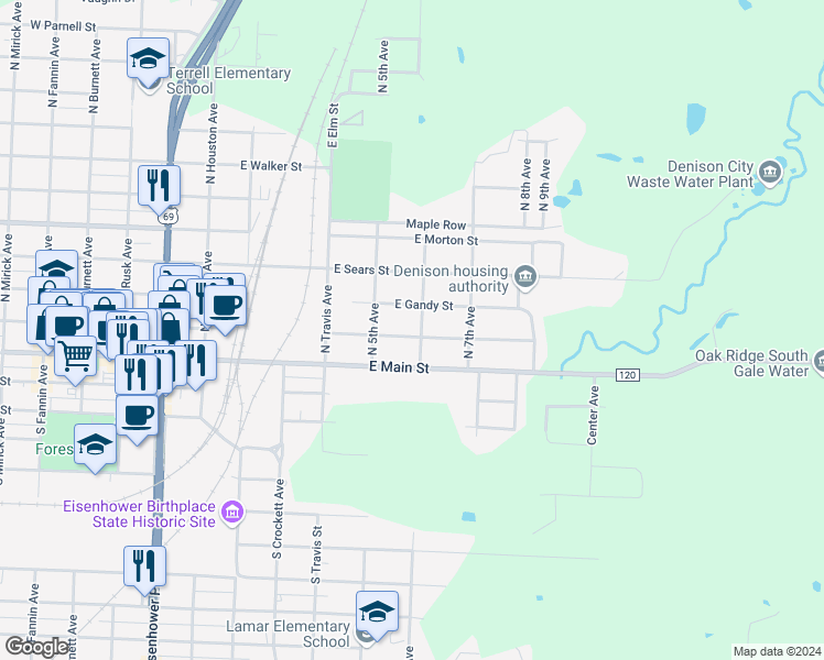 map of restaurants, bars, coffee shops, grocery stores, and more near 601 East Woodard Street in Denison