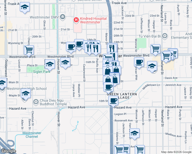 map of restaurants, bars, coffee shops, grocery stores, and more near 7873 13th Street in Westminster