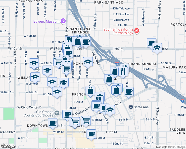 map of restaurants, bars, coffee shops, grocery stores, and more near 511 East Washington Avenue in Santa Ana