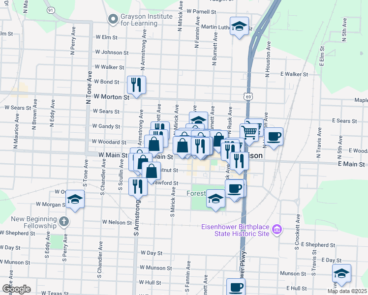 map of restaurants, bars, coffee shops, grocery stores, and more near 601 West Main Street in Denison