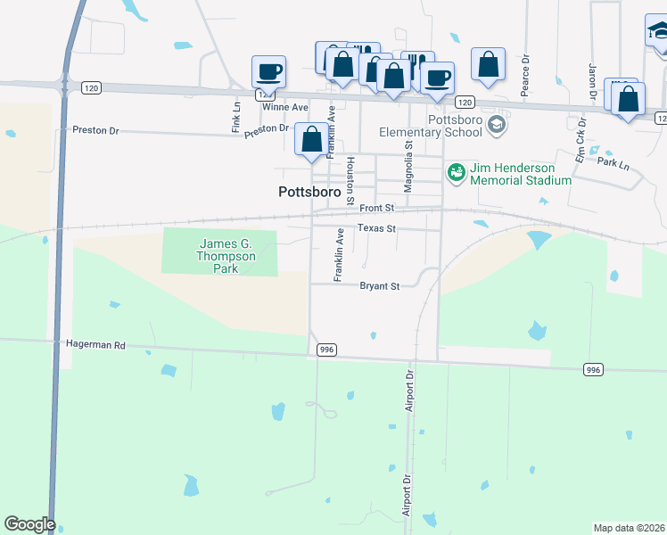 map of restaurants, bars, coffee shops, grocery stores, and more near 621 Grayson Street in Pottsboro
