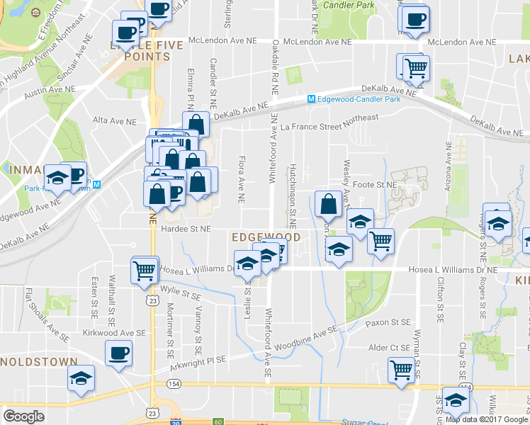 map of restaurants, bars, coffee shops, grocery stores, and more near 98 Whitefoord Avenue Northeast in Atlanta