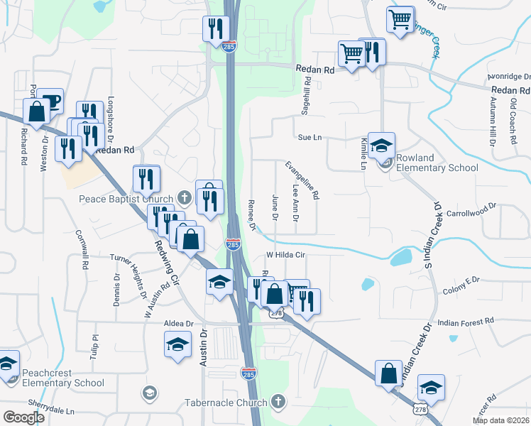 map of restaurants, bars, coffee shops, grocery stores, and more near 1280 Renee Drive in Decatur