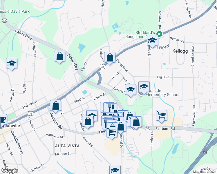 map of restaurants, bars, coffee shops, grocery stores, and more near 6112 Dorsett Street in Douglasville