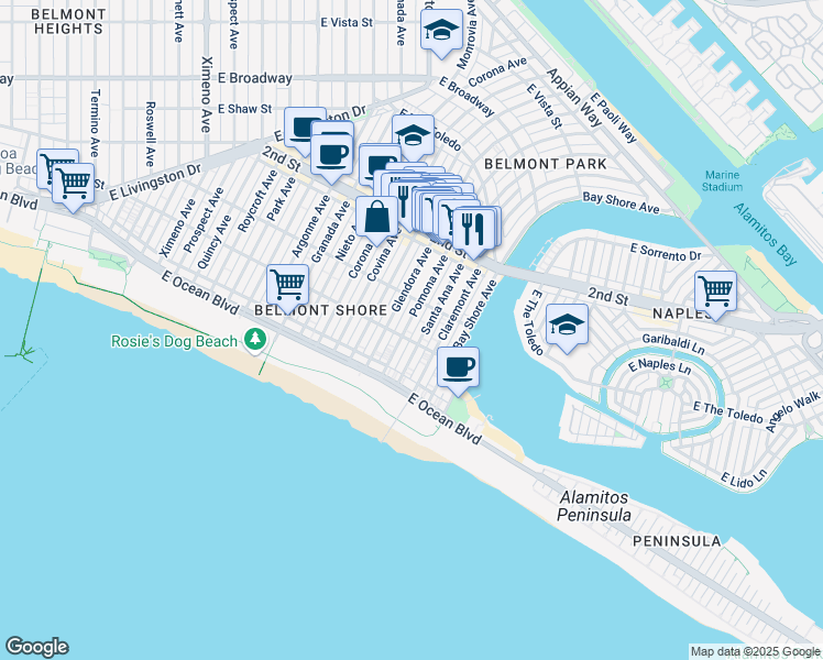 map of restaurants, bars, coffee shops, grocery stores, and more near 70 Pomona Avenue in Long Beach