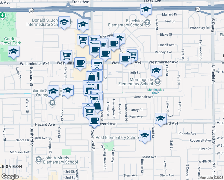 map of restaurants, bars, coffee shops, grocery stores, and more near 14202 Flower Street in Garden Grove