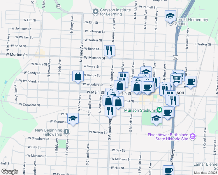 map of restaurants, bars, coffee shops, grocery stores, and more near 800 West Woodard Street in Denison