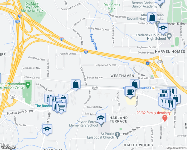 map of restaurants, bars, coffee shops, grocery stores, and more near 2833 Burton Road Northwest in Atlanta