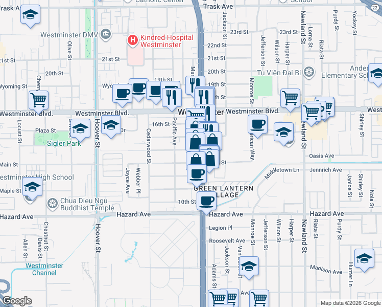 map of restaurants, bars, coffee shops, grocery stores, and more near 14207 Beach Boulevard in Westminster