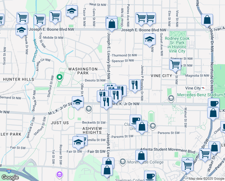 map of restaurants, bars, coffee shops, grocery stores, and more near 65 Joseph E Lowery Blvd in Atlanta
