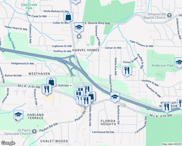 map of restaurants, bars, coffee shops, grocery stores, and more near 2494 Verbena Circle Northwest in Atlanta