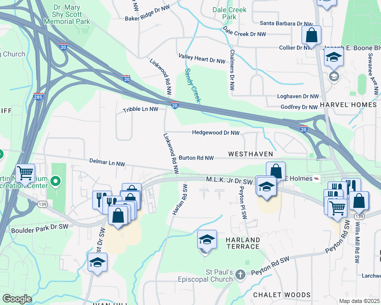 map of restaurants, bars, coffee shops, grocery stores, and more near 2835 Burton Road Northwest in Atlanta