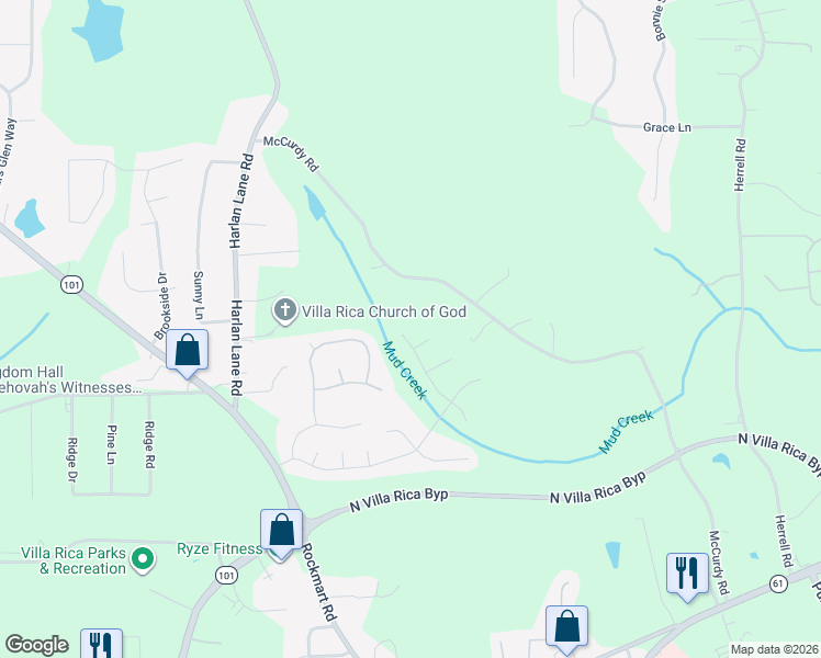 map of restaurants, bars, coffee shops, grocery stores, and more near 703 Sycamore Drive in Villa Rica