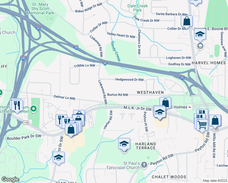 map of restaurants, bars, coffee shops, grocery stores, and more near in Atlanta