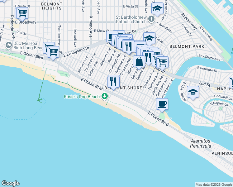 map of restaurants, bars, coffee shops, grocery stores, and more near 5102 East Ocean Boulevard in Long Beach