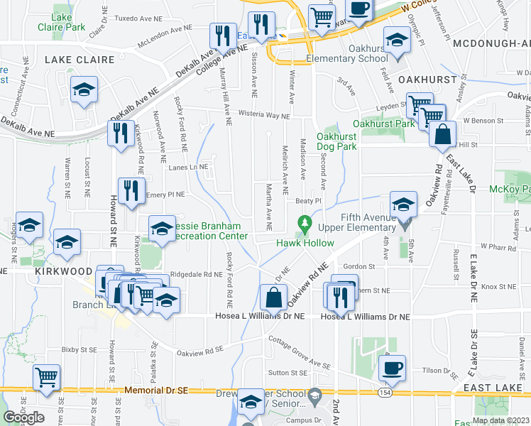 map of restaurants, bars, coffee shops, grocery stores, and more near 142 Martha Avenue Northeast in Atlanta