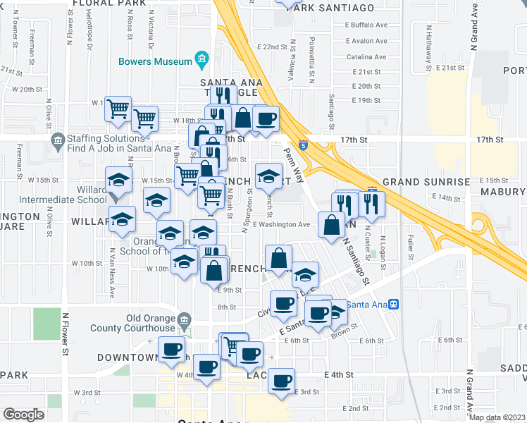 map of restaurants, bars, coffee shops, grocery stores, and more near 1313 North Spurgeon Street in Santa Ana
