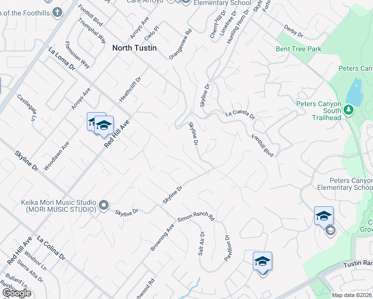 map of restaurants, bars, coffee shops, grocery stores, and more near 1882 Park Skyline Road in Santa Ana
