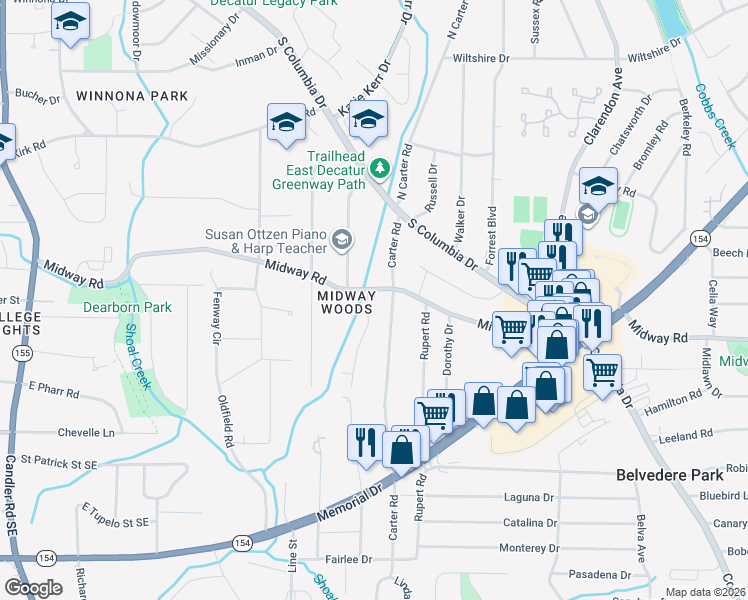 map of restaurants, bars, coffee shops, grocery stores, and more near 2755 Midway Road in Decatur