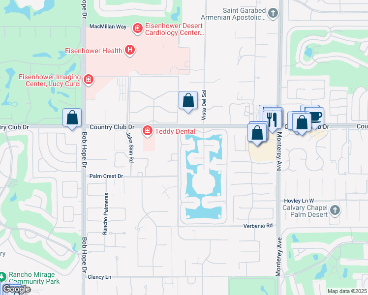 map of restaurants, bars, coffee shops, grocery stores, and more near 27 Lakeshore Drive in Rancho Mirage