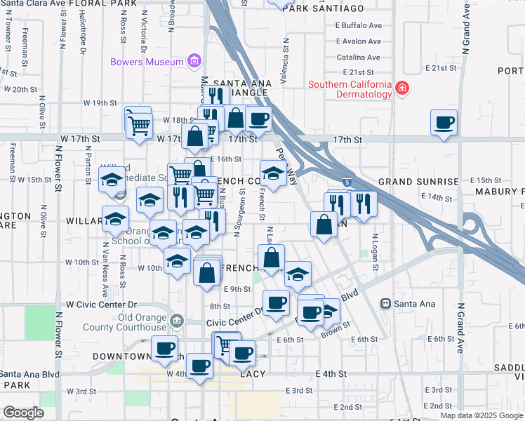 map of restaurants, bars, coffee shops, grocery stores, and more near 1310 French Street in Santa Ana