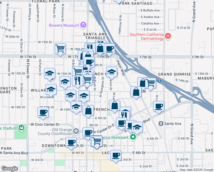 map of restaurants, bars, coffee shops, grocery stores, and more near 1310 French Street in Santa Ana
