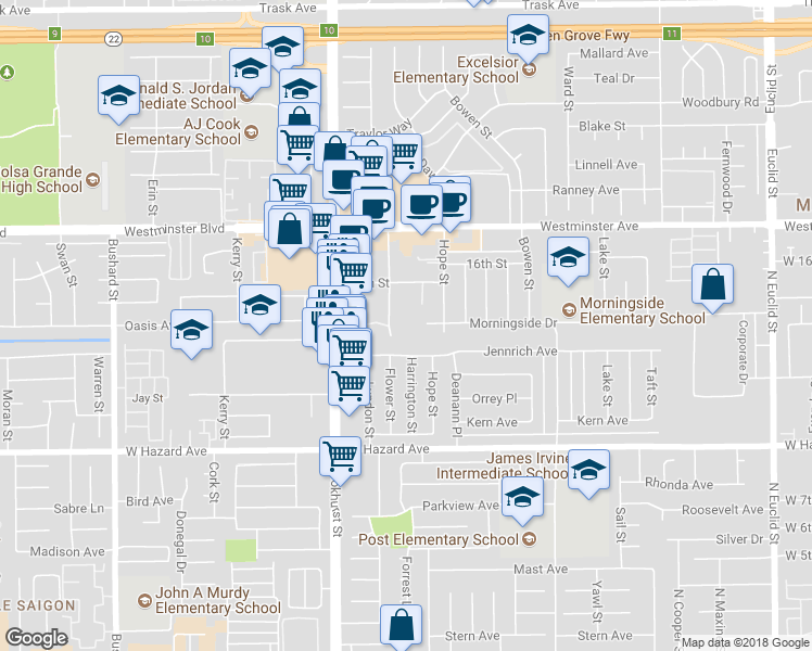 map of restaurants, bars, coffee shops, grocery stores, and more near 14202 Flower Street in Garden Grove
