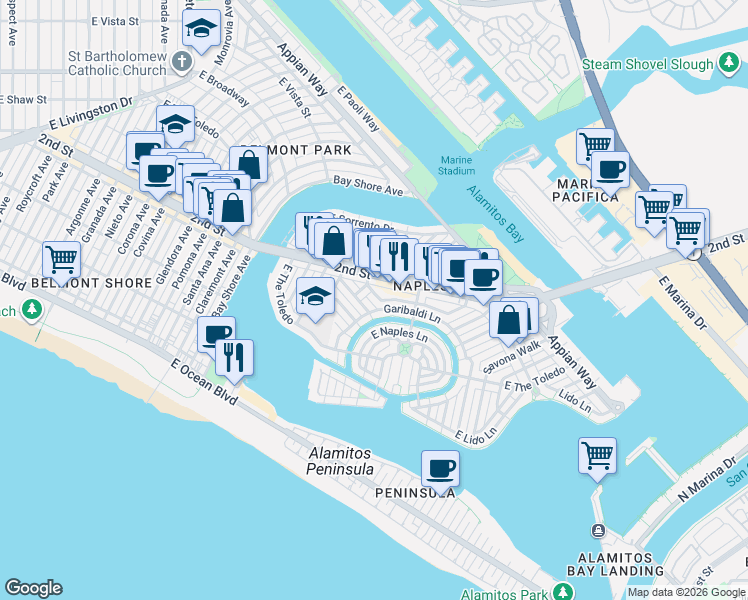 map of restaurants, bars, coffee shops, grocery stores, and more near 61 Garibaldi Lane in Long Beach