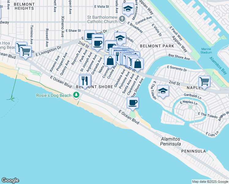 map of restaurants, bars, coffee shops, grocery stores, and more near 70 Pomona Avenue in Long Beach