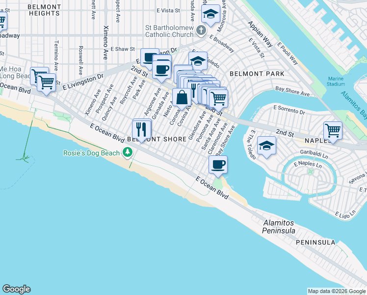 map of restaurants, bars, coffee shops, grocery stores, and more near 44 La Verne Avenue in Long Beach