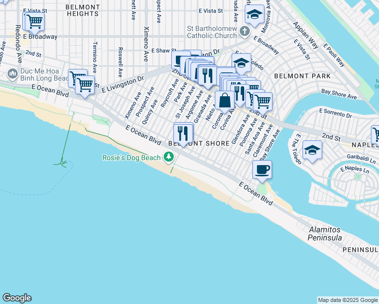 map of restaurants, bars, coffee shops, grocery stores, and more near 5102 East Ocean Boulevard in Long Beach