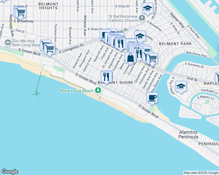 map of restaurants, bars, coffee shops, grocery stores, and more near 5102 East Ocean Boulevard in Long Beach