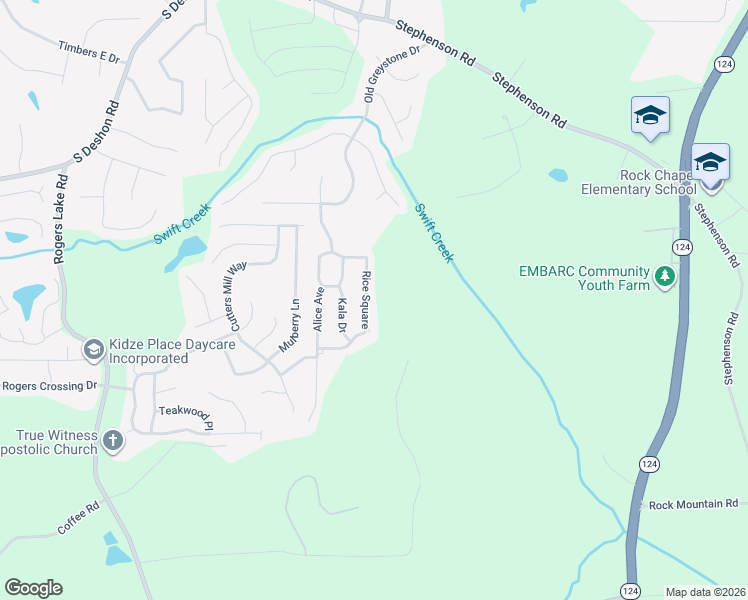 map of restaurants, bars, coffee shops, grocery stores, and more near 1652 Rice Square in Lithonia