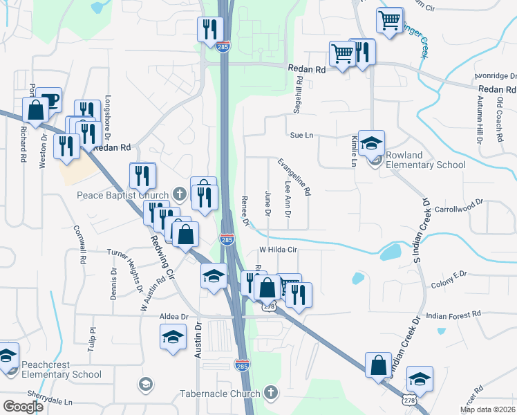 map of restaurants, bars, coffee shops, grocery stores, and more near 1280 Renee Drive in Decatur