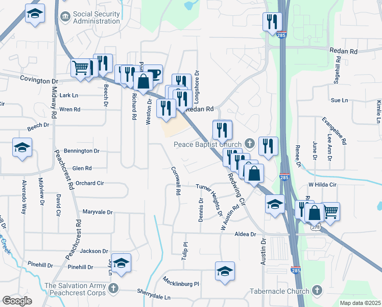 map of restaurants, bars, coffee shops, grocery stores, and more near 4015 Covington Highway in Decatur