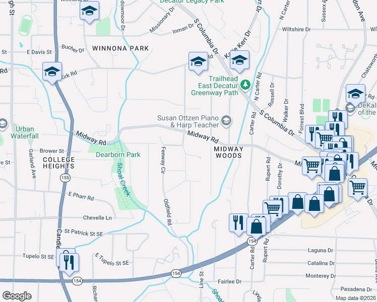 map of restaurants, bars, coffee shops, grocery stores, and more near 1315 Oldfield Road in Decatur