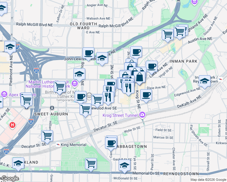 map of restaurants, bars, coffee shops, grocery stores, and more near 603 Auburn Avenue Northeast in Atlanta