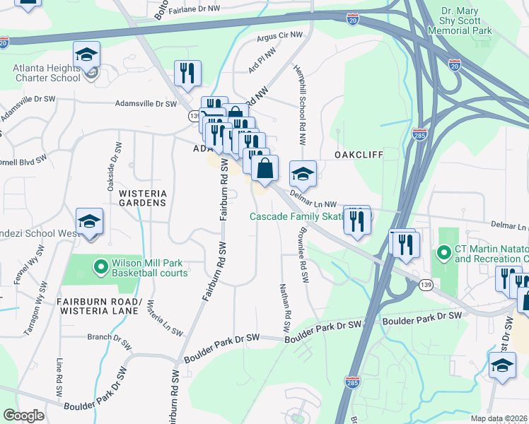 map of restaurants, bars, coffee shops, grocery stores, and more near 59 Nathan Road Southwest in Atlanta