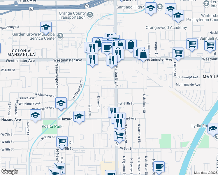 map of restaurants, bars, coffee shops, grocery stores, and more near 618 West Tribella Court in Santa Ana