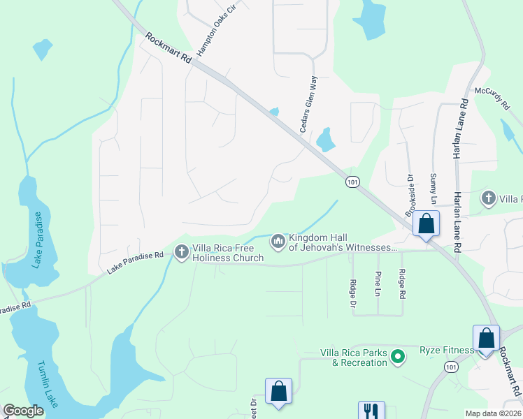 map of restaurants, bars, coffee shops, grocery stores, and more near 144 Whitney Lane in Villa Rica