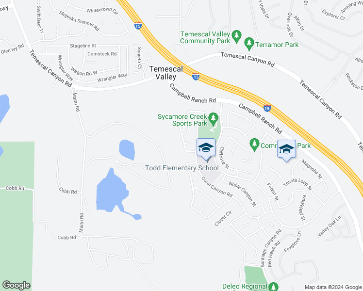 map of restaurants, bars, coffee shops, grocery stores, and more near 25031 Pine Mountain Terrace in Corona