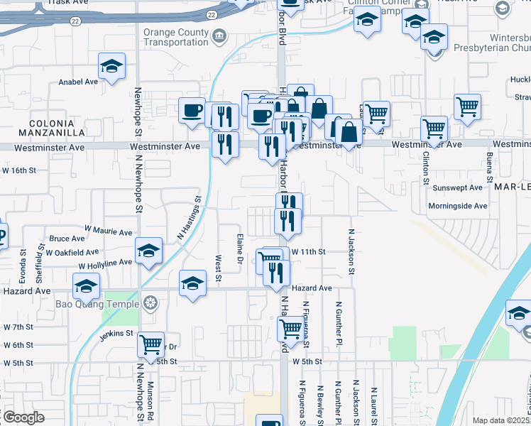 map of restaurants, bars, coffee shops, grocery stores, and more near 618 West Tribella Court in Santa Ana