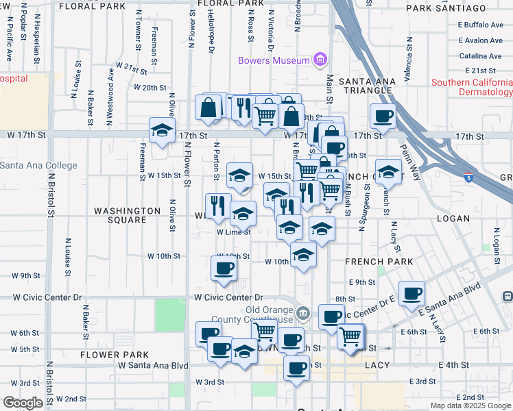 map of restaurants, bars, coffee shops, grocery stores, and more near 1311 North Ross Street in Santa Ana