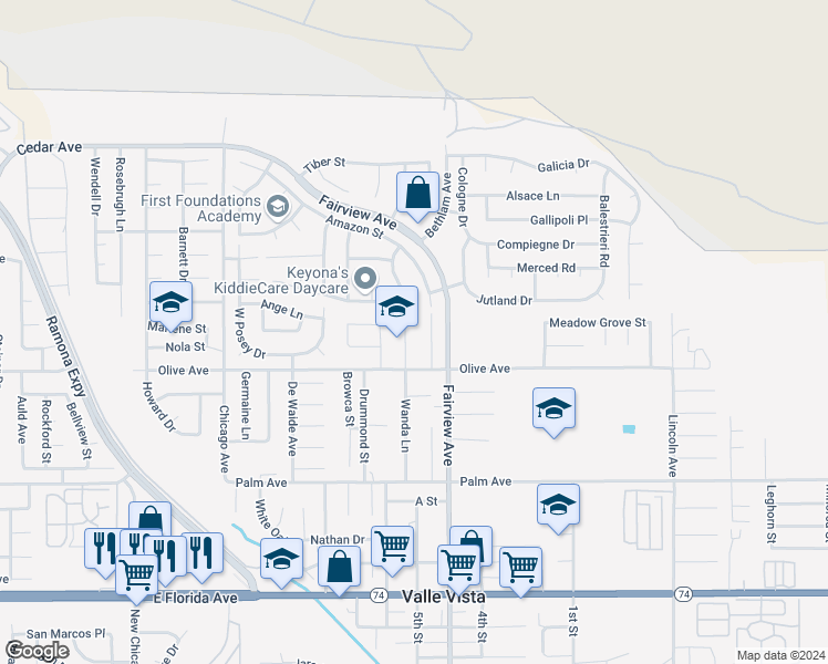 map of restaurants, bars, coffee shops, grocery stores, and more near 25168 Wanda Lane in Hemet