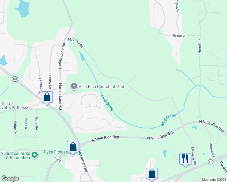 map of restaurants, bars, coffee shops, grocery stores, and more near 705 Sycamore Drive in Villa Rica