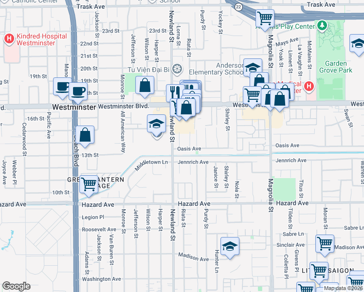 map of restaurants, bars, coffee shops, grocery stores, and more near 8572 Oasis Avenue in Westminster
