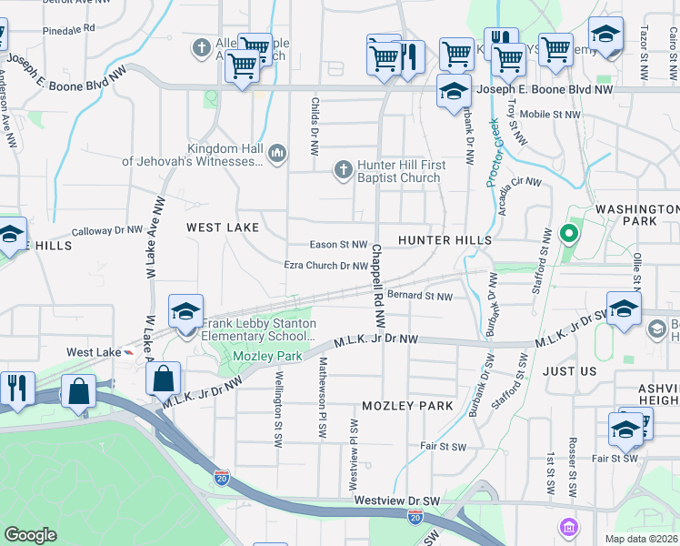 map of restaurants, bars, coffee shops, grocery stores, and more near 1450 Ezra Church Drive Northwest in Atlanta