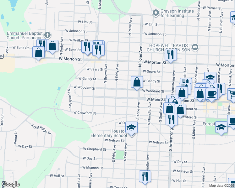 map of restaurants, bars, coffee shops, grocery stores, and more near 1227 West Main Street in Denison